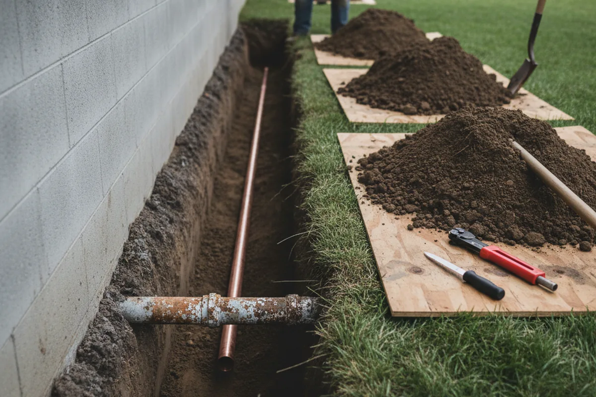 Excavated water line trench during Sewer Line Repair in Temple Hills